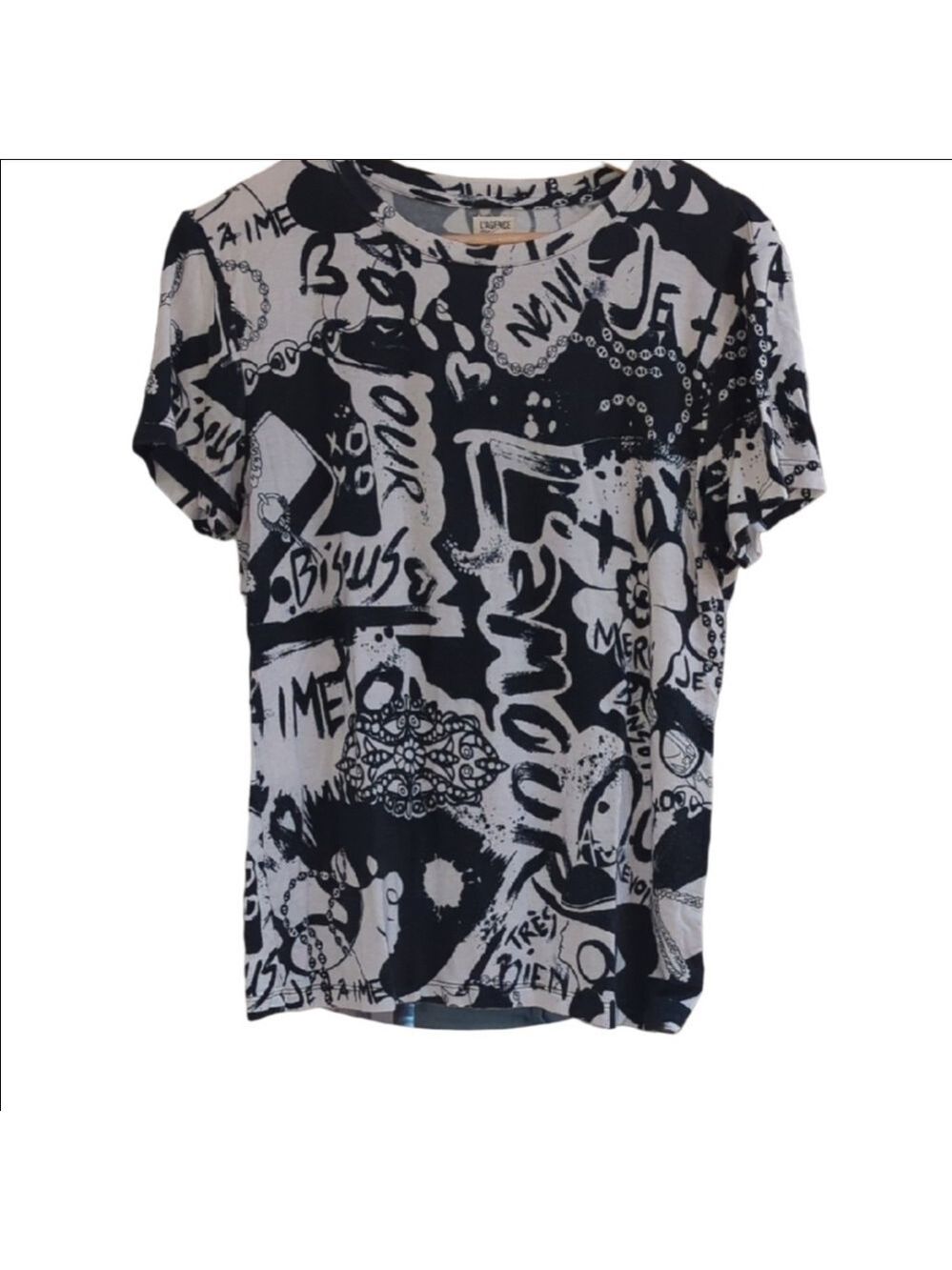 ​L'AGENCE Black White French Graphic Print Tee Shirt Size L